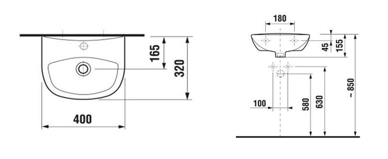 JIKA ZETA umývadielko 40 cm, s prepadom H8153930001091 Technický nákres