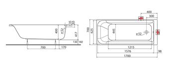 KOLO REKORD vaňa 170x70 cm, s nožičkami, akrylát XWP1670000 Technický nákres