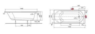 KOLO OPAL PLUS vaňa 140x70 cm, s nožičkami, akrylát XWP1240000 Technický nákres