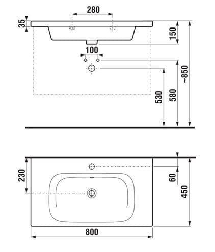 JIKA MIO-N umývadlo 80 cm, s otvorom pre batériu a prepadom H8127160001041 Technický nákres