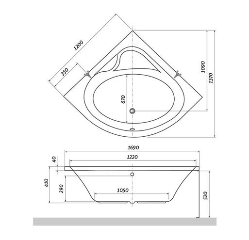ROTH FLORA NEO rohová vaňa 120x120 cm, bez nožičiek, akrylát 9590000 Technický nákres