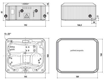 JACUZZI J-215 vírivka 193x168 cm, pre 2-3 osoby, 19 trysiek, s termokrytom, platinum/silverwood J215+903003480 Technický nákres