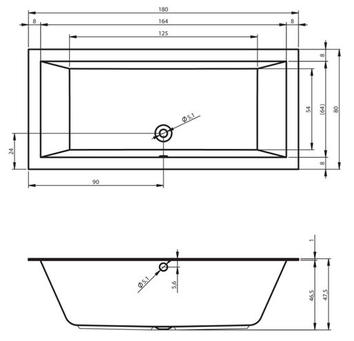 RIHO LUGO vaňa 180x80 cm, bez nožičiek, akrylát B133001005 Technický nákres