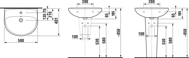 JIKA LYRA PLUS umývadlo 50 cm, s prepadom H8143810001091 Technický nákres