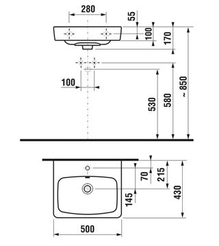 JIKA LYRA PLUS umývadlo 50 cm, s otvorom pre batériu a prepadom H8103800001041 Technický nákres