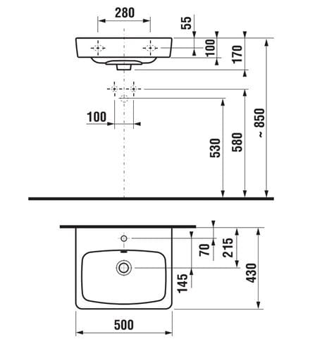 JIKA LYRA PLUS umývadlo 50 cm, s otvorom pre batériu a prepadom H8103800001041 Technický nákres