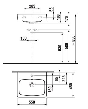 JIKA LYRA PLUS umývadlo 55 cm, s otvorom pre batériu a prepadom H8103810001041 Technický nákres