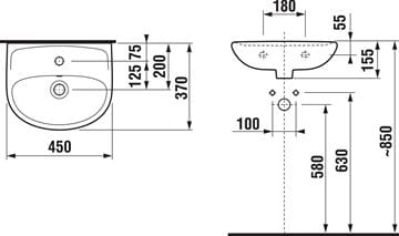 JIKA LYRA PLUS umývadielko 45 cm, s prepadom H8153820001091 Technický nákres