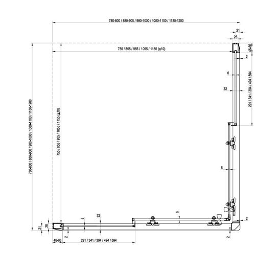 RAVAK BLIX BLRV2 90 sprchový kút 90x90 cm, rohový vstup, posuvné dvere, lesk/sklo transparent 1LV70C00Z1 Technický nákres