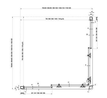 RAVAK BLIX BLRV2 90 sprchový kút 90x90 cm, rohový vstup, posuvné dvere, lesk/sklo transparent 1LV70C00Z1 Technický nákres