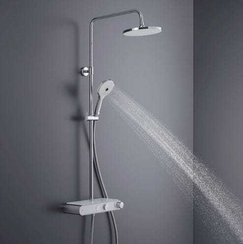 DURAVIT sprchový set s termostatickou batériou, horná sprcha, ručná sprcha s 3 prúdmi, teleskopická tyč, hadica, MinusFlow, chróm/biela TH4382008005 Obrázek - fotka