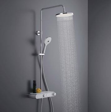 DURAVIT sprchový set s termostatickou batériou, horná sprcha, ručná sprcha s 3 prúdmi, teleskopická tyč, hadica, MinusFlow, chróm/biela TH4382008005 Obrázek - fotka