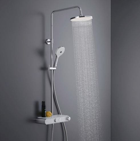 DURAVIT sprchový set s termostatickou batériou, horná sprcha, ručná sprcha s 3 prúdmi, teleskopická tyč, hadica, MinusFlow, chróm/biela TH4382008005 Obrázek - fotka