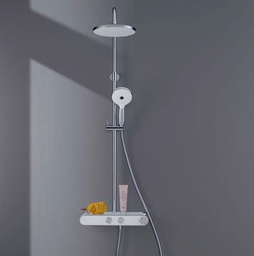 DURAVIT sprchový set s termostatickou batériou, horná sprcha, ručná sprcha s 3 prúdmi, teleskopická tyč, hadica, MinusFlow, chróm/biela TH4382008005 Obrázek - fotka
