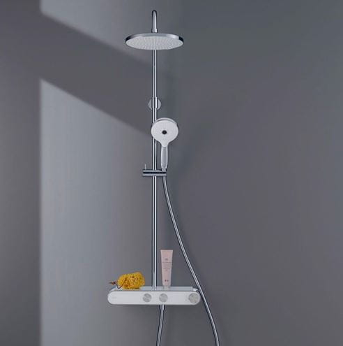 DURAVIT sprchový set s termostatickou batériou, horná sprcha, ručná sprcha s 3 prúdmi, teleskopická tyč, hadica, MinusFlow, chróm/biela TH4382008005 Obrázek - fotka