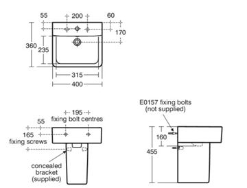 CONCEPT CUBE umývadlo 40 cm, s otvorom pre batériu a prepadom, alpská biela E803101 Technický nákres