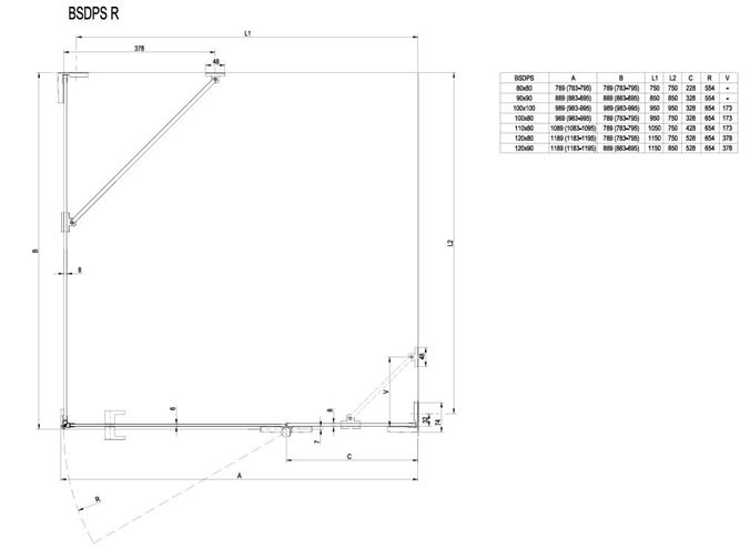 RAVAK BRILLIANT BSDPS 90R sprchový kút 90x90 cm, vstup spredu, krídlové dvere, pravý, chróm / sklo transparent 0UP77A00Z1 Technický nákres