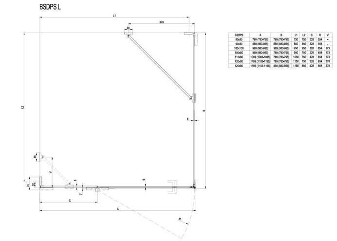 RAVAK BRILLIANT BSDPS 120/80L sprchový kút 120x80 cm, vstup spredu, krídlové dvere, ľavý, chróm / sklo transparent 0ULG4A00Z1 Technický nákres