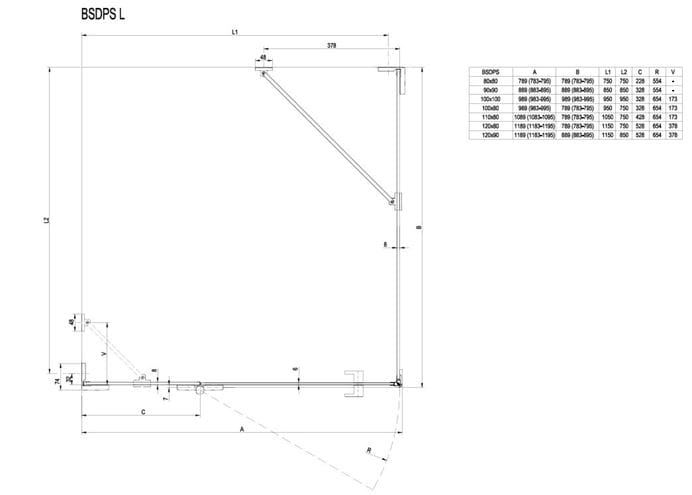 RAVAK BRILLIANT BSDPS 120/90L sprchový kút 120x90 cm, vstup spredu, krídlové dvere, ľavý, chróm/sklo transparent 0ULG7A00Z1 Technický nákres