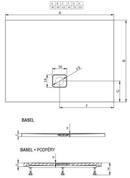 RIHO BASEL 412 sprchová vanička 90x90 cm, akrylát, bez nožičiek D005017005 Technický nákres