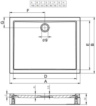 RIHO DAVOS 253 sprchová vanička 100x90 cm, akrylát, s nožičkami D002031005 Technický nákres
