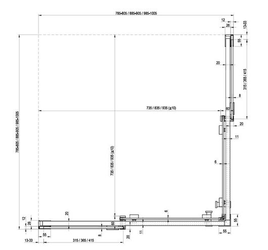 RAVAK MATRIX MSRV4 80 sprchový kút 80x80 cm, rohový vstup, posuvné dvere, lesk/sklo transparent 1WV44C00Z1 Technický nákres