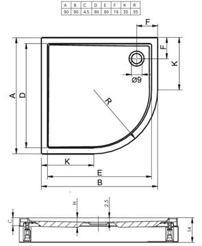 RIHO DAVOS 281 sprchová vanička 90x90 cm, R550, akrylát, s nožičkami D002019005 Technický nákres