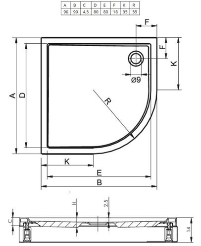 RIHO DAVOS 281 sprchová vanička 90x90 cm, R550, akrylát, s nožičkami D002019005 Technický nákres