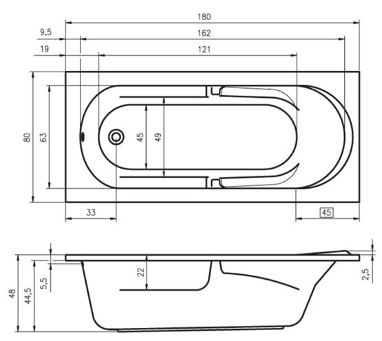 RIHO FUTURE vaňa 180x80 cm, bez nožičiek, akrylát B074001005 Technický nákres
