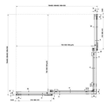 RAVAK MATRIX MSRV4 90 sprchový kút 90x90 cm, rohový vstup, posuvné dvere, satin/sklo transparent 1WV77U00Z1 Technický nákres