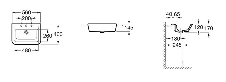 ROCA THE GAP umývadlo 56 cm, s otvorom pre batériu a prepadom A32747S000 Technický nákres