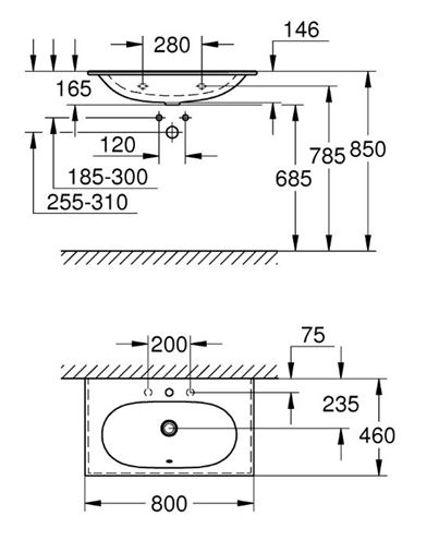 GROHE ESSENCE umývadlo 80 cm, s otvorom pre batériu a prepadom, PureGuard 3956700H Technický nákres