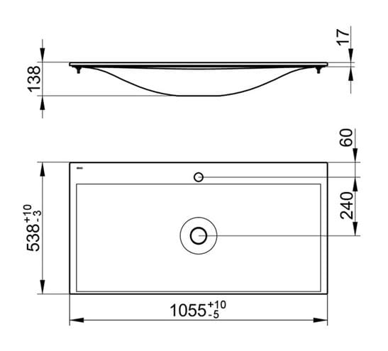 KEUCO EDITION 11 umývadlo 105,5 cm, s otvorom pre batériu a prepadom, CleanPlus 31150311001 Technický nákres