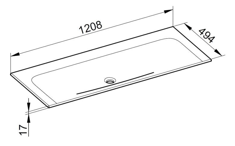 KEUCO PLAN umývadlo 120,8 cm, bez otvoru pre batériu, bez prepadu, CleanPlus 32980311200 Technický nákres
