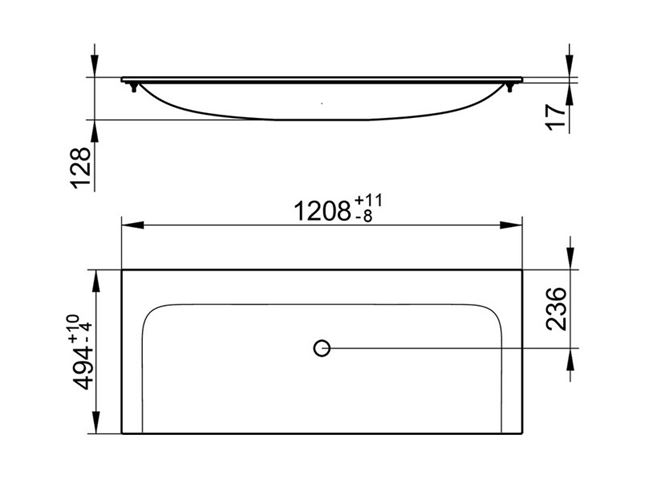 KEUCO PLAN umývadlo 120,8 cm, bez otvoru pre batériu, bez prepadu, CleanPlus 32980311200 Technický nákres