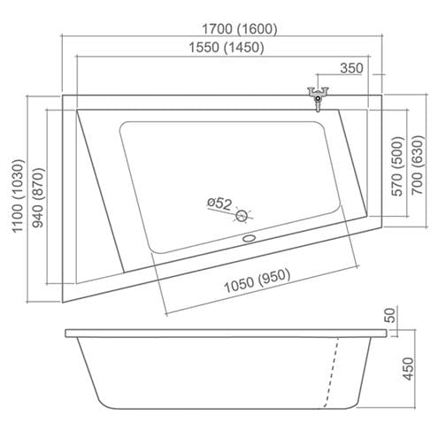 ROTH KUBIC ASYMMETRIC rohová vaňa 170x110 cm, bez nožičiek, akrylát 9680000 Technický nákres
