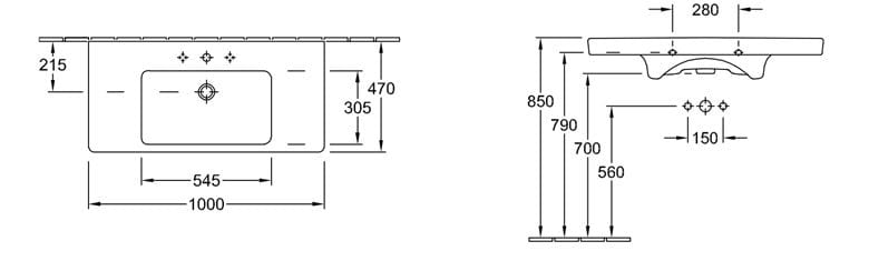 VILLEROY & BOCH SUBWAY 2.0 umývadlo 100 cm, s otvorom pre batériu a prepadom, brúsené 71751G01 Technický nákres