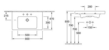 VILLEROY & BOCH SUBWAY 2.0 umývadlo 80 cm, s otvorom pre batériu a prepadom, CeramicPlus 717580R1 Technický nákres