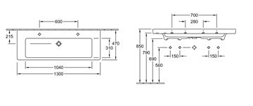 VILLEROY & BOCH SUBWAY 2.0 umývadlo 130 cm, s 2 otvormi pre batérie a prepadom 7176D201 Technický nákres