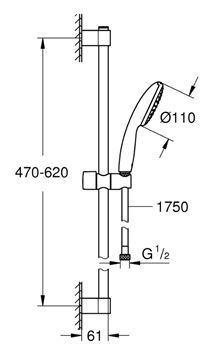 GROHE TEMPESTA 110 sprchová súprava 3-dielna, ručná sprcha pr. 110 mm, tyč, hadica, Water Saving, chróm 27924003 Technický nákres
