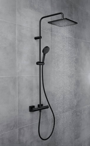 HANSGROHE VERNIS SHAPE SHOWERPIPE 240 sprchový set s termostatickou batériou, horná sprcha, ručná sprcha s 2 prúdmi, tyč, hadica, matná čierna 26427670 Obrázek - fotka