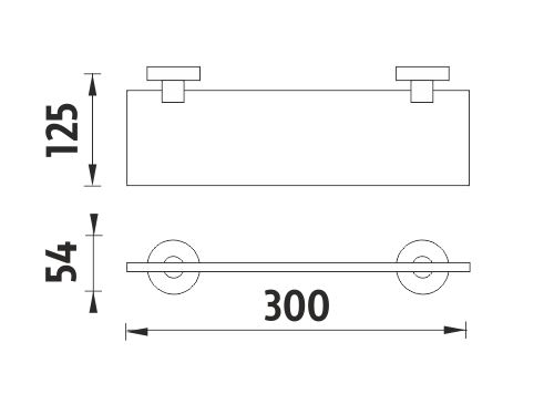 NIMCO UNIX polica 300 mm, nástenná, sklo, chróm UN 13091B-30-26 Technický nákres