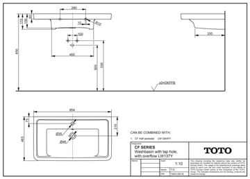 TOTO CF umývadlo 85,4 cm, s otvorom pre batériu a prepadom LW137Y Technický nákres