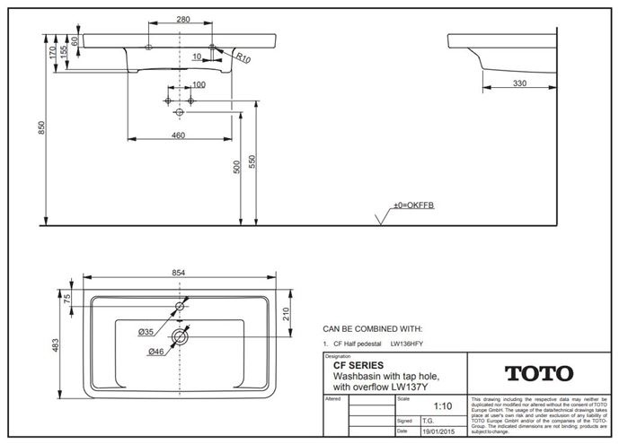 TOTO CF umývadlo 85,4 cm, s otvorom pre batériu a prepadom LW137Y Technický nákres