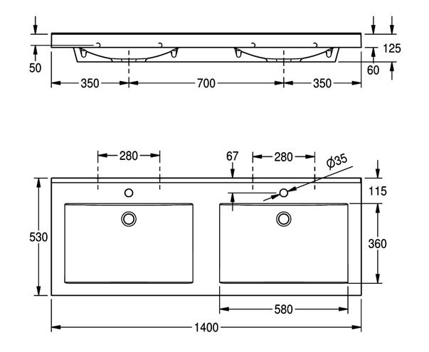 KWC QUADRO ANMW421 dvojumývadlo 140 cm, s 2 otvormi pre batériu, bez prepadu, miranit 2000090013 Technický nákres