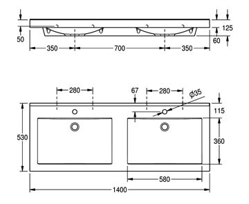 KWC QUADRO ANMW421 dvojumývadlo 140 cm, s 2 otvormi pre batériu, bez prepadu, miranit 2000090013 Technický nákres