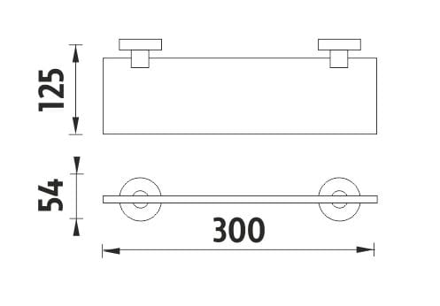 NIMCO UNIX polica 300 mm, nástenná, sklo, nerez oceľ UNM 13091B-30-10 Technický nákres