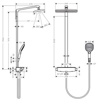 HANSGROHE RAINDANCE E360 SHOWEPIPE 360 sprchový set s termostatickou batériou, horná sprcha, ručná sprcha s 3 prúdmi, tyč, hadica, držiak, chróm 27112000 Technický nákres