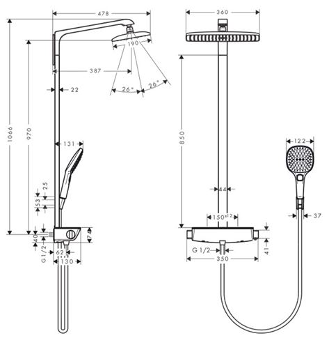 HANSGROHE RAINDANCE E360 SHOWEPIPE 360 sprchový set s termostatickou batériou, horná sprcha, ručná sprcha s 3 prúdmi, tyč, hadica, držiak, chróm 27112000 Technický nákres