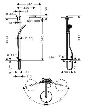 HANSGROHE RAINDANCE S SHOWEPIPE sprchový set s termostatickou batériou, horná sprcha, ručná sprcha s 3 prúdmi, tyč, hadica, chróm 27114000 Technický nákres